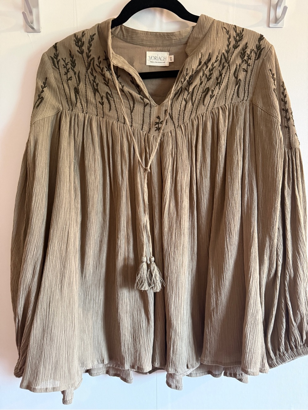 Voriagh Embroidered Cotton Peasant Blouse S/M Cottagecore Fairy Boho Beige
